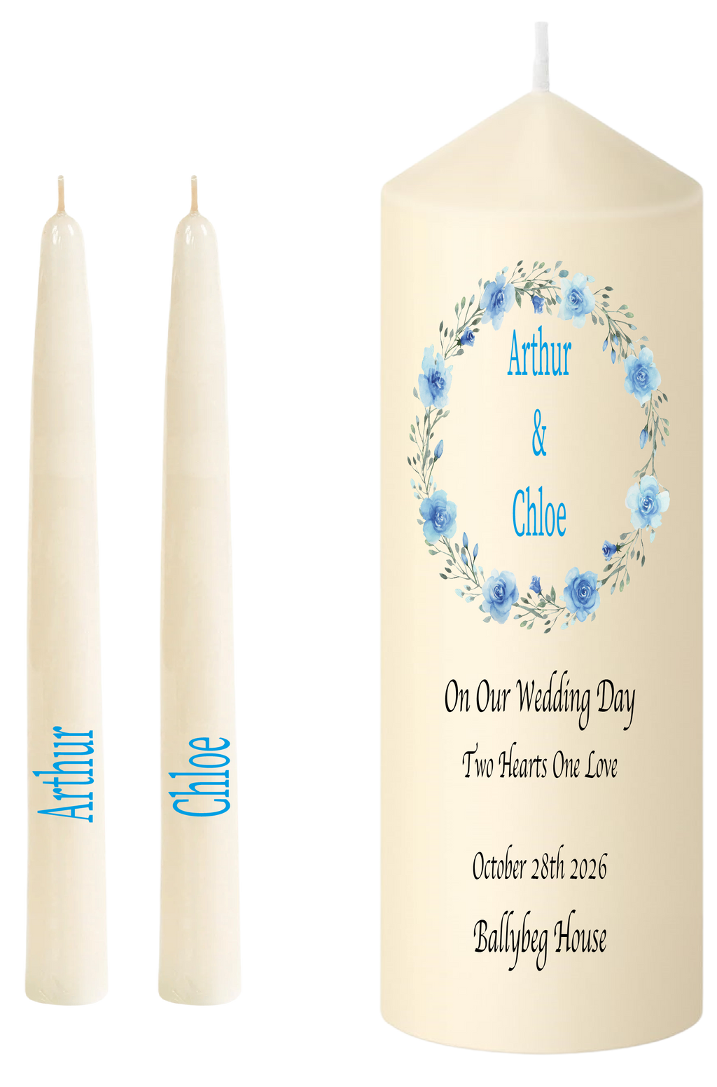 Wedding Unity Candle Set  Blue Floral Wreath