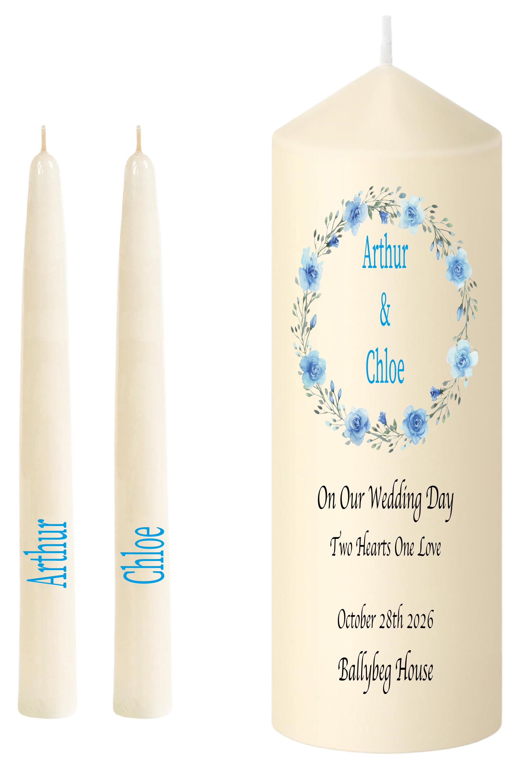 Wedding Unity Candle Set  Blue Floral Wreath