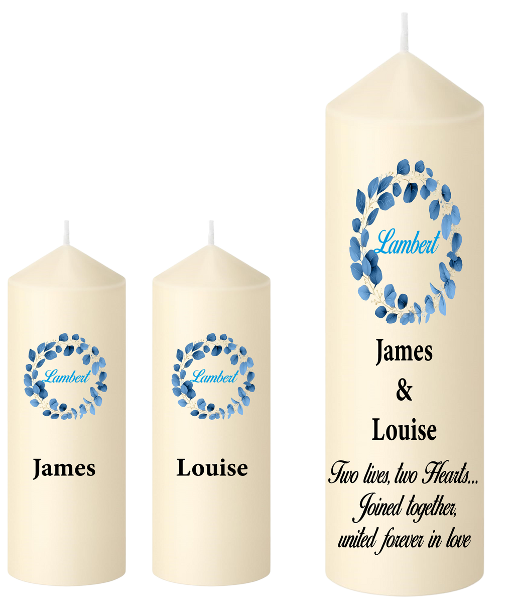 Wedding Unity Candle Set  Blue Floral Wreath
