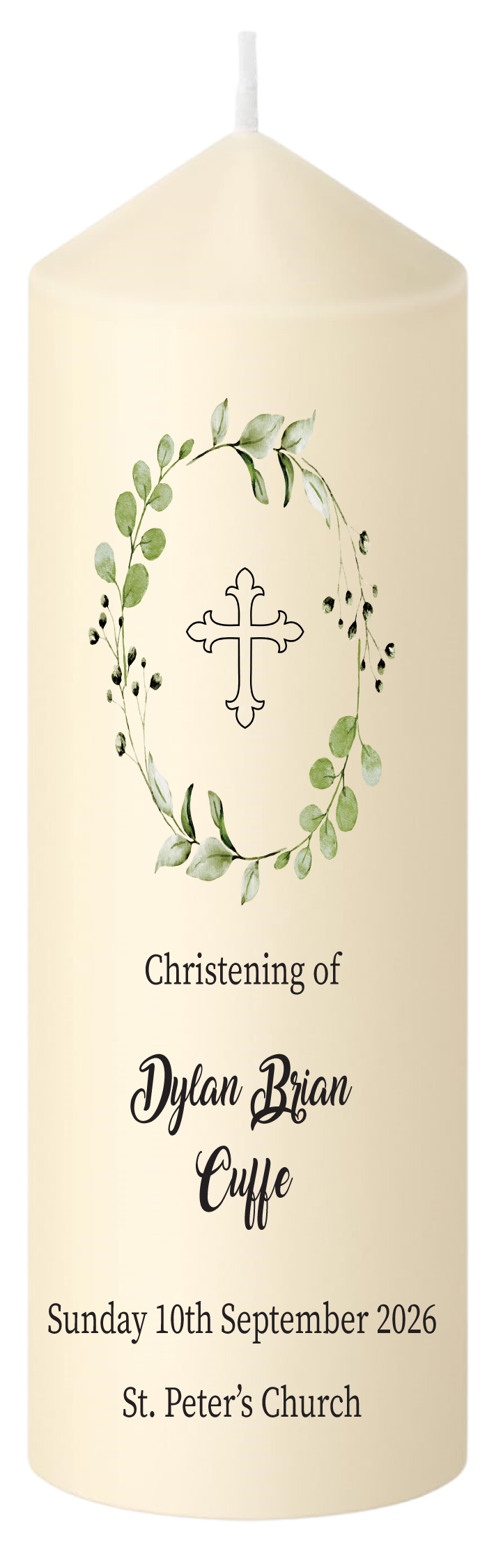 Christening Candle Green Leaves