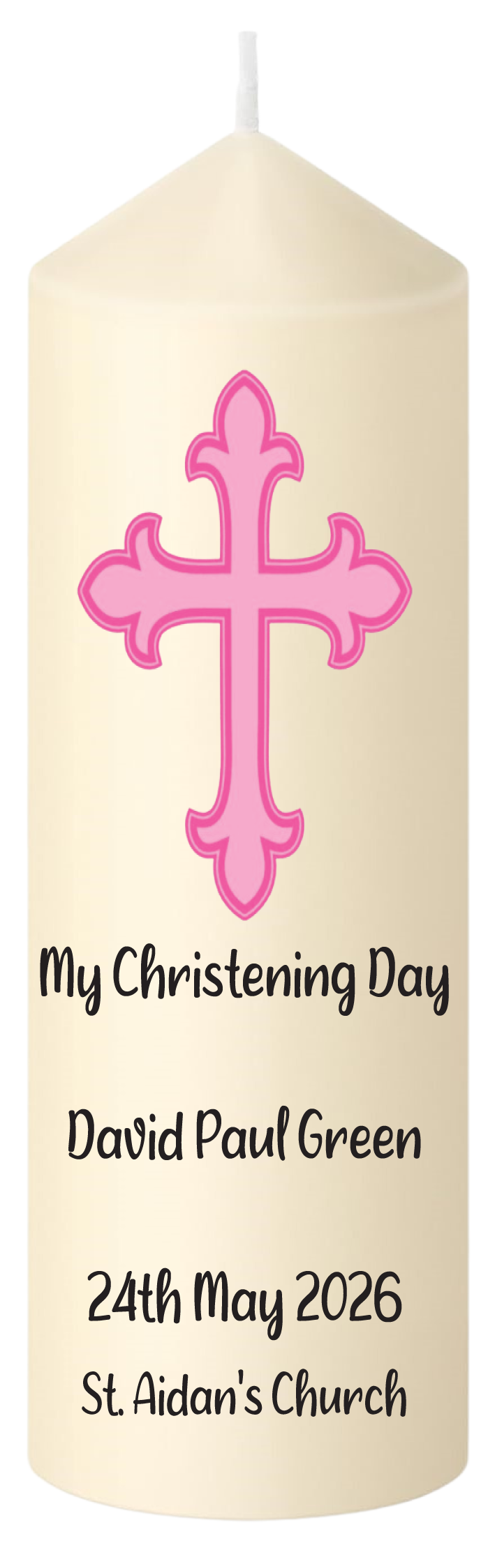 Christening Candle Pink Cross & Matching Pink Name