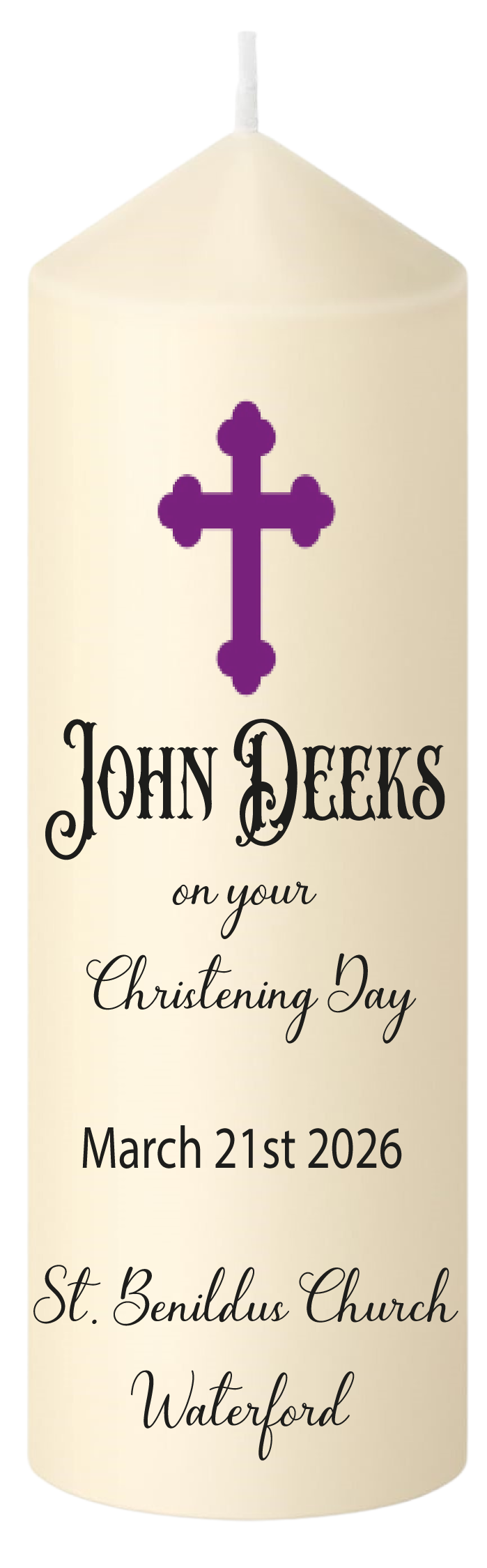 Christening Candle With Purple Cross