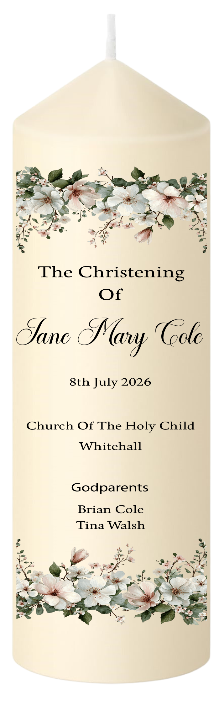 Christening Candle White Floral