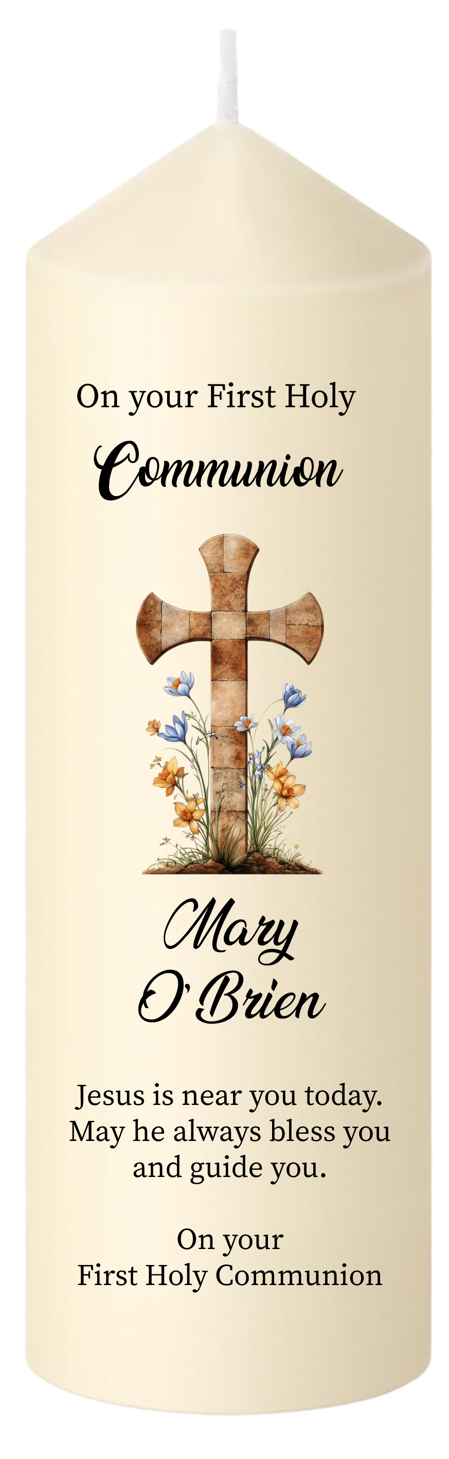First Holy Communion Candle Wooden Cross with flowers