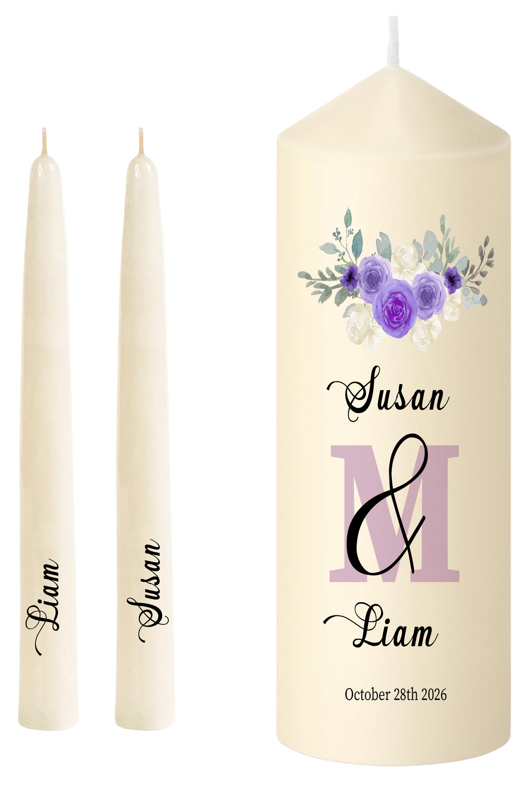 Unity Candle Wedding Set  Purple Opaque Family Initial