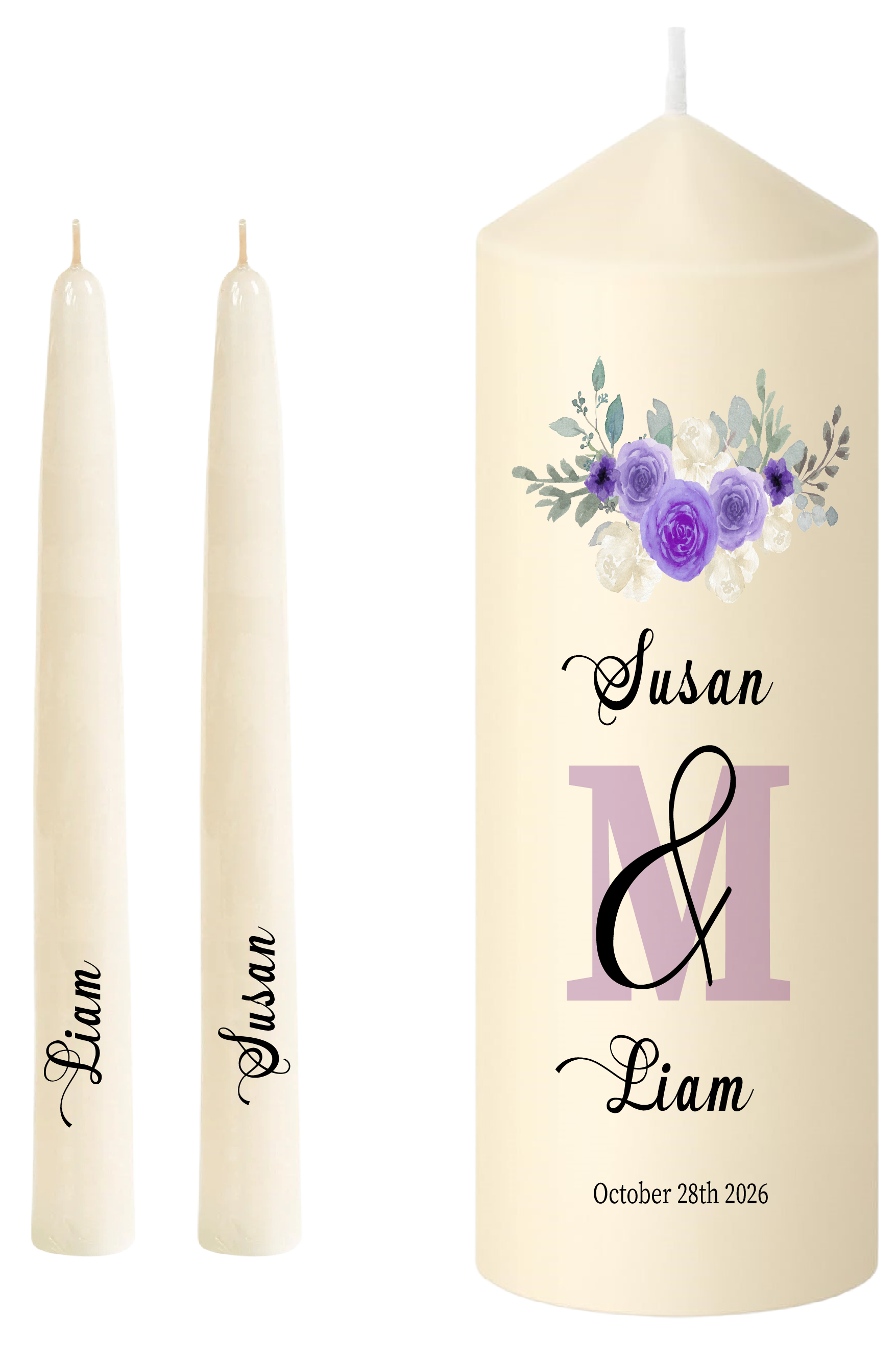 Unity Candle Wedding Set  Purple Opaque Family Initial