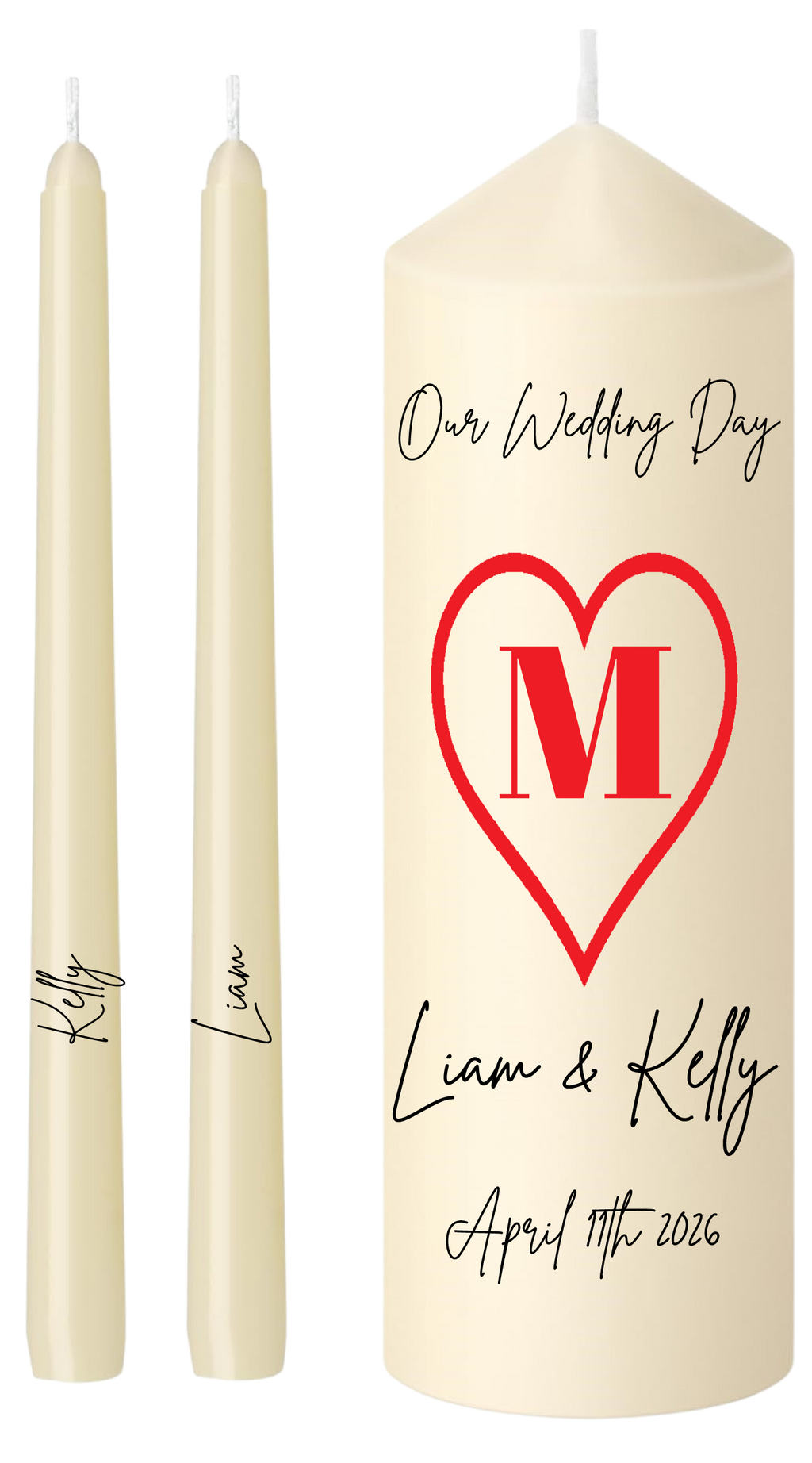 Wedding Unity Candle Set Red Heart Family Initial