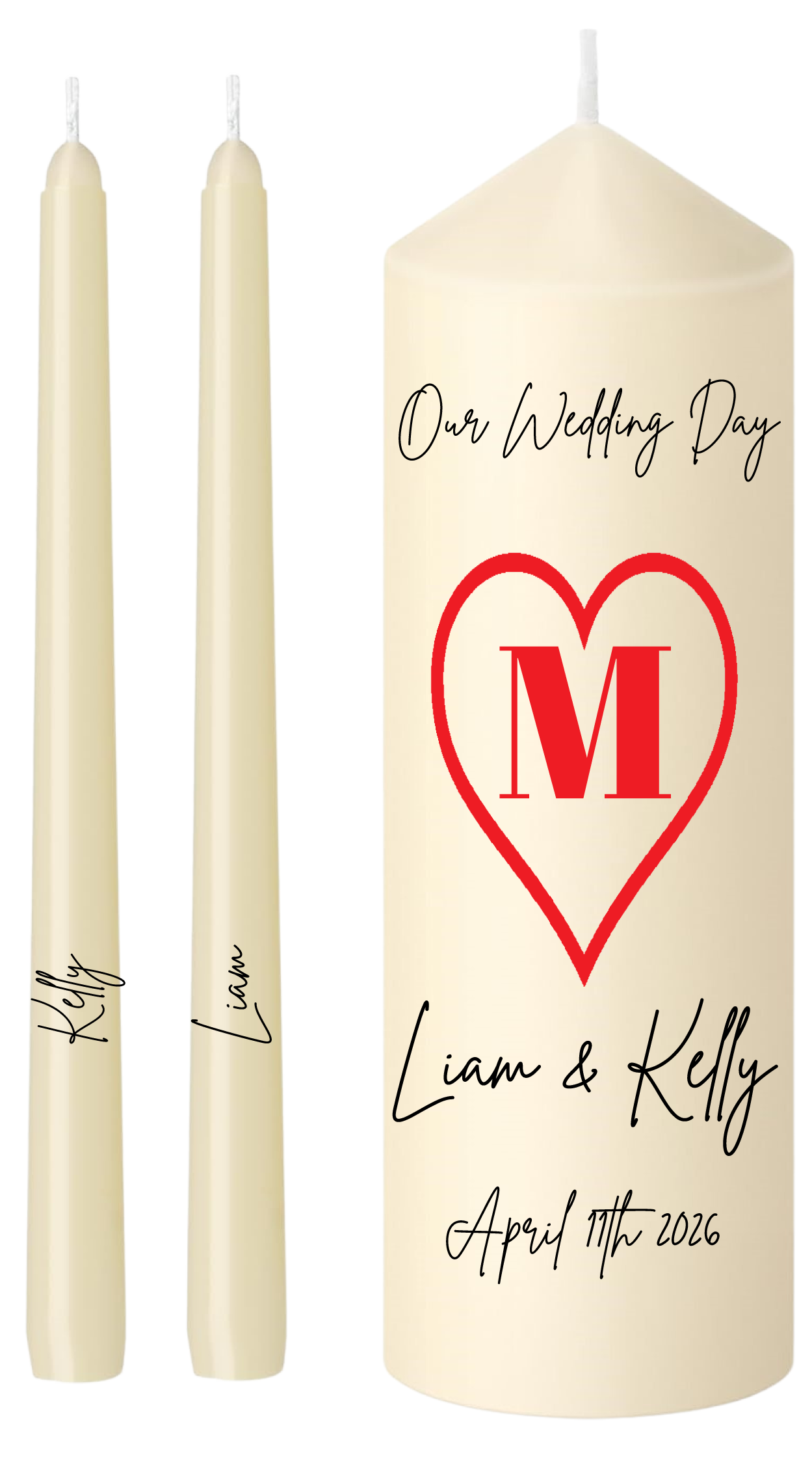 Wedding Unity Candle Set Red Heart Family Initial