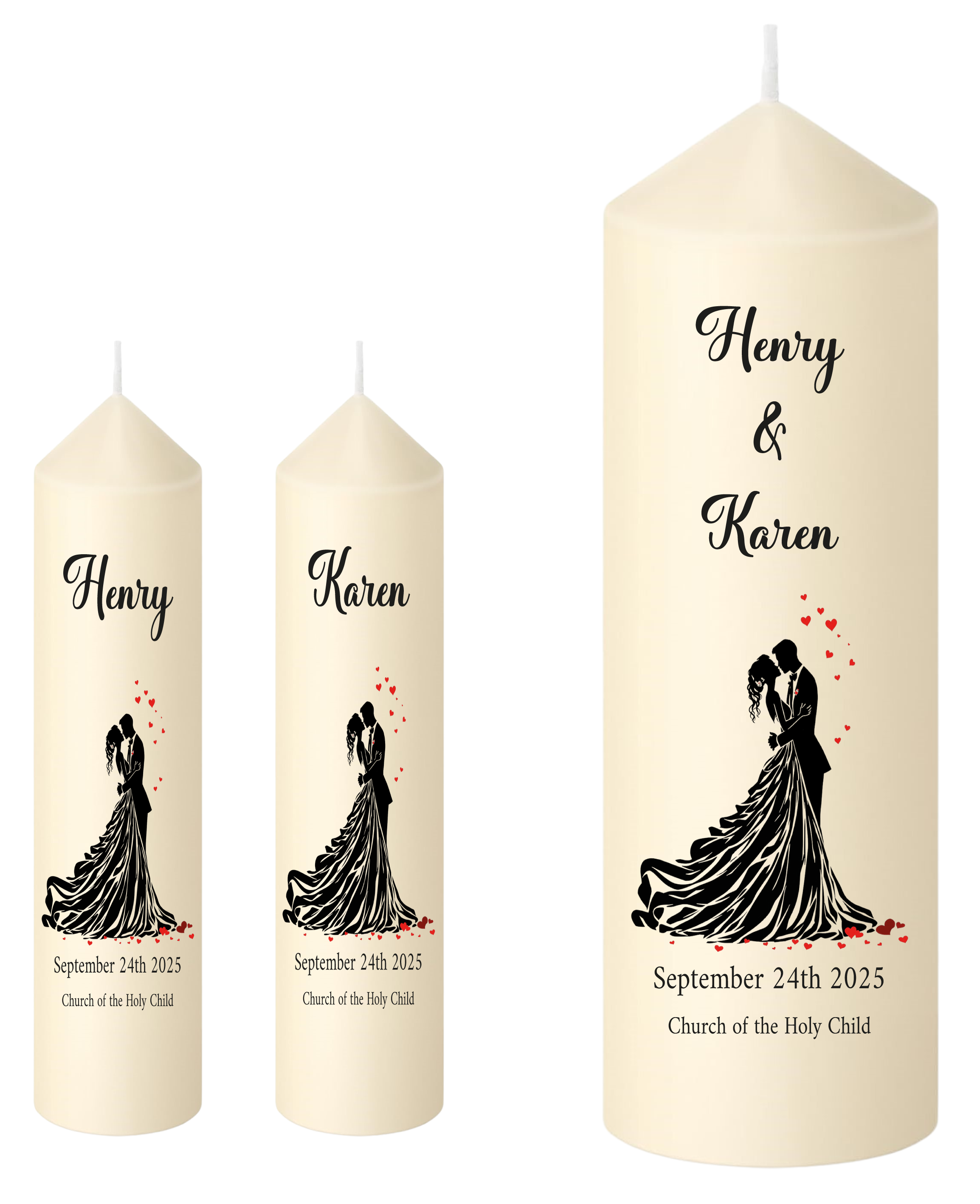 Wedding Unity Candle Set - Our Wedding Day Silhouette embracing with hearts