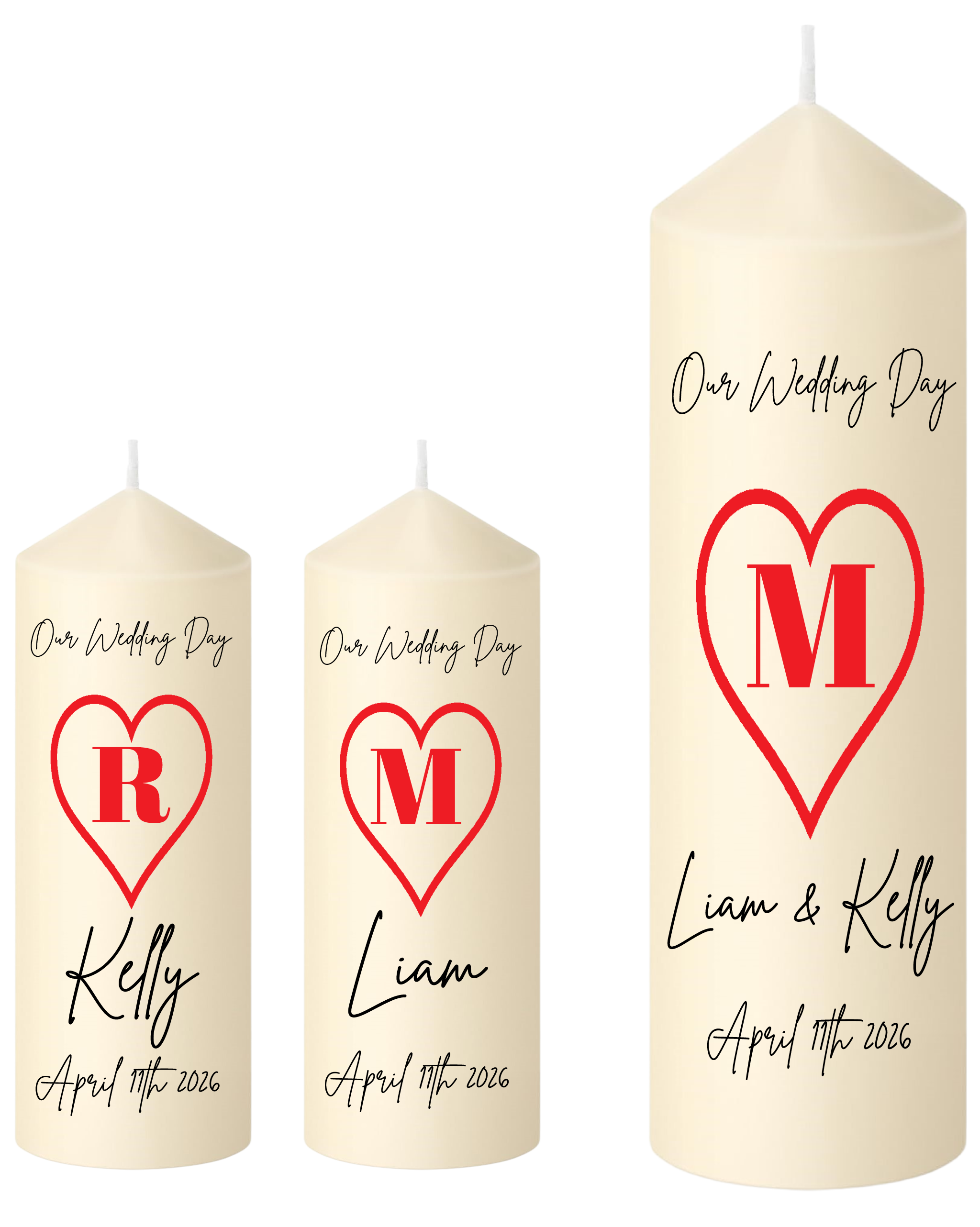 Wedding Unity Candle Set Red Heart Family Initial